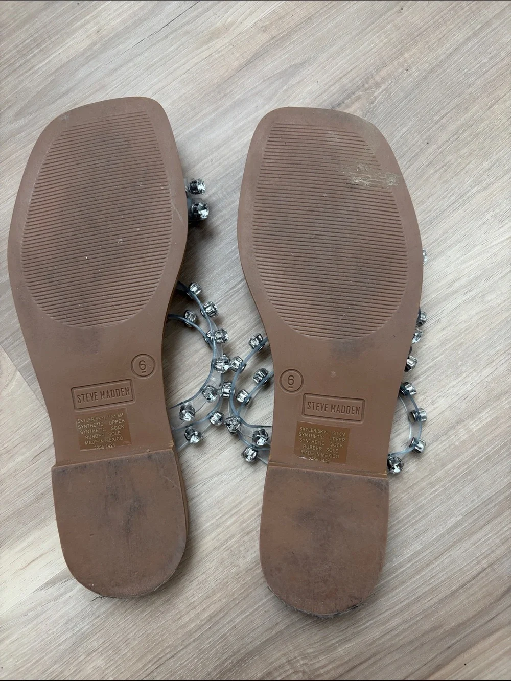 Steve Madden Crystal-Embellished Clear Strap Sandals with Tan Footbed